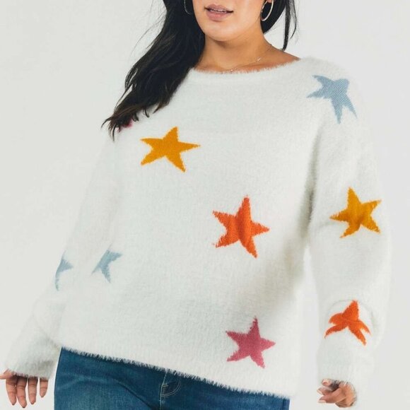DAVI & DANI Cozy White Fuzzy Knit Sweater with Colorful Star Print, Plus Size - Picture 3 of 8